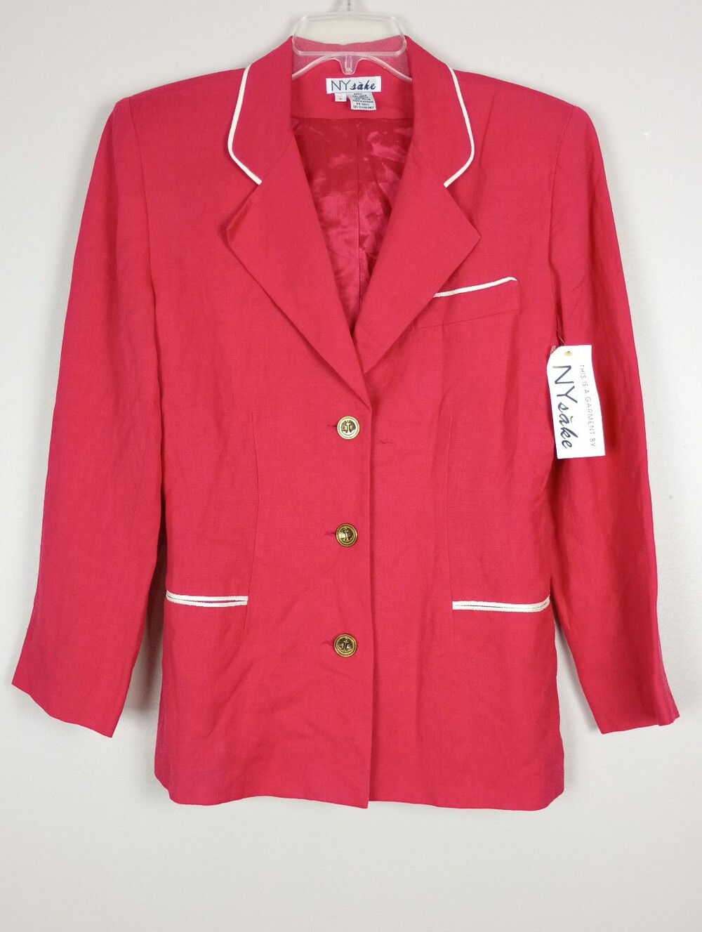 VTG NY Sake Red Linen Blazer Jacket Sz 6 M NWT White Piping Preppy Nautical